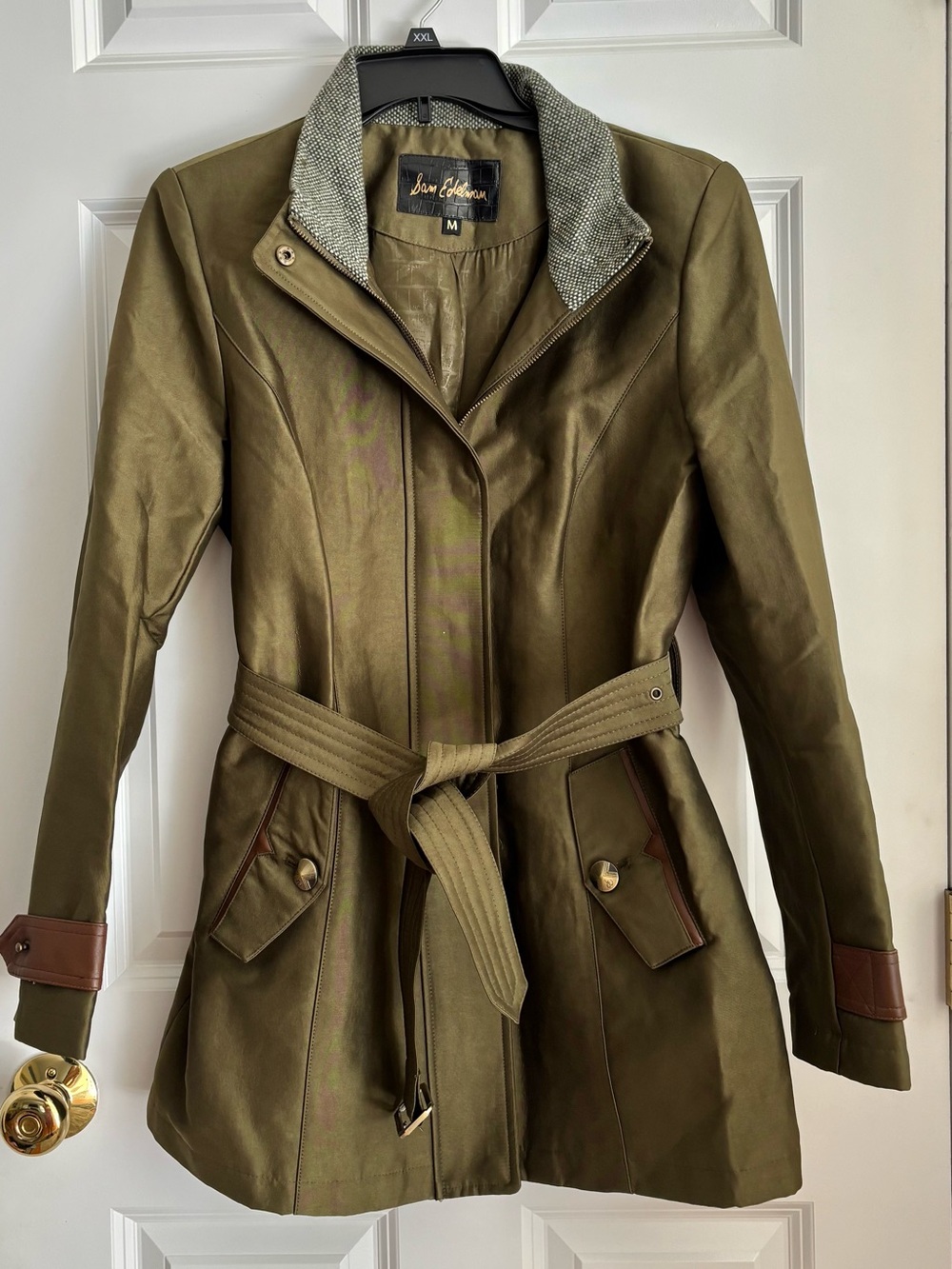 Sean Collection Olive Green Belted Trench with Contrast Collar